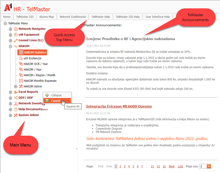 Figure 1: Main Menu is recursively created tree based menu customized for each logged user.