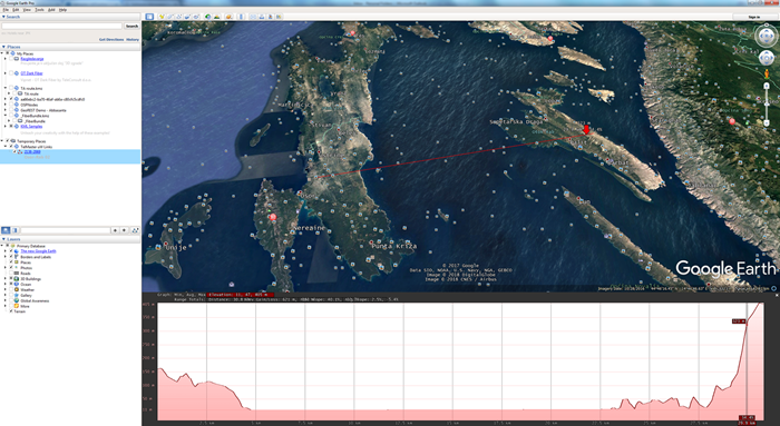Figure 18: Elevation profile for selected microwave link in Google Earth. Figure 18: Elevation profile for selected microwave link in Google Earth.
